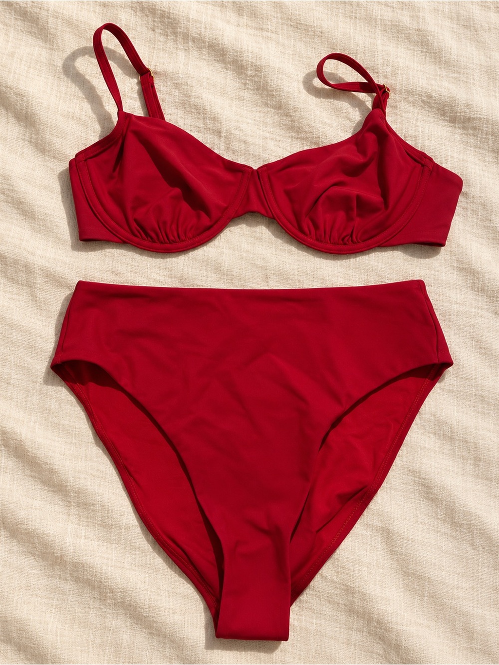 Quince Two Piece Italian Demi Underwire Top High Rise High Leg Bikini Set Red L